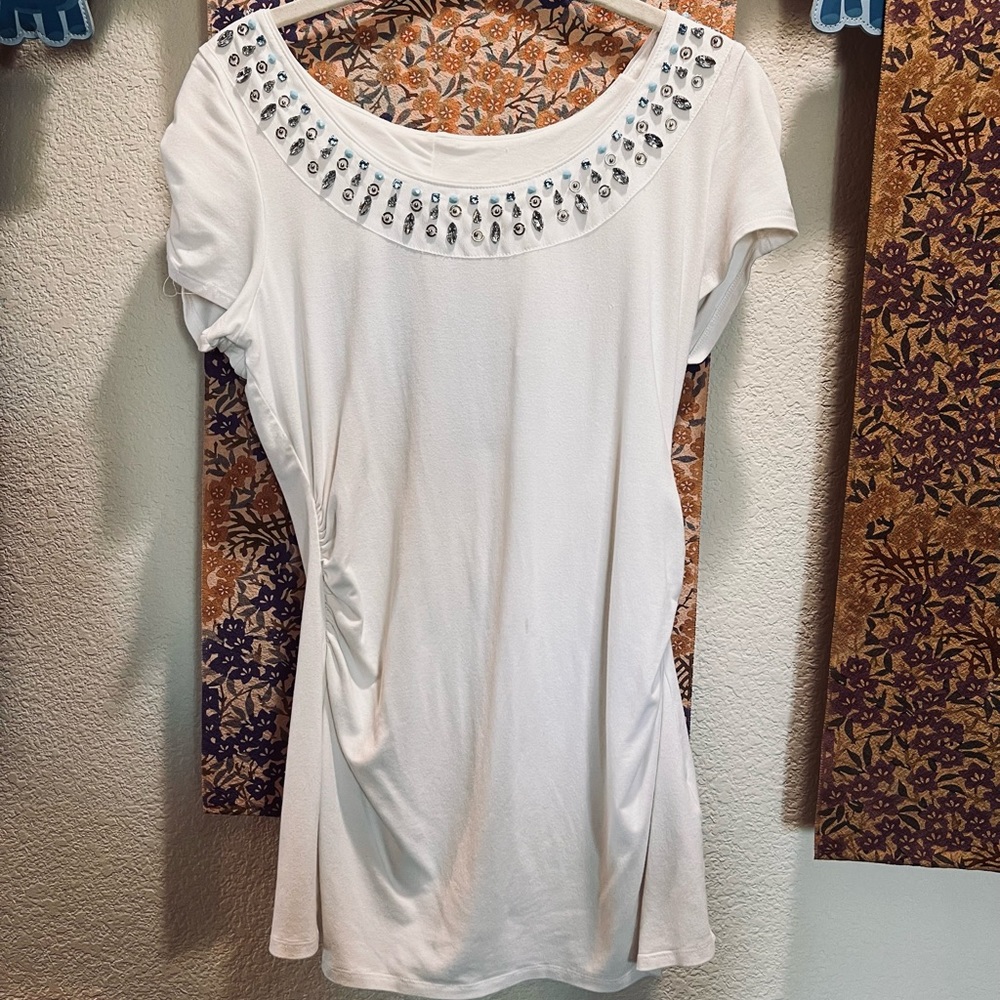 White House Black Market Ruched Sides/Sleeves Jewel Shirt Sz S